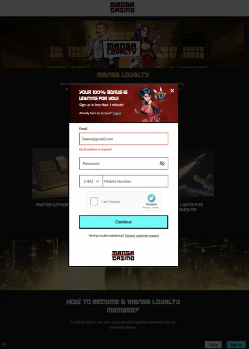 Snabb spelare registrering gränssnitt Manga Casino